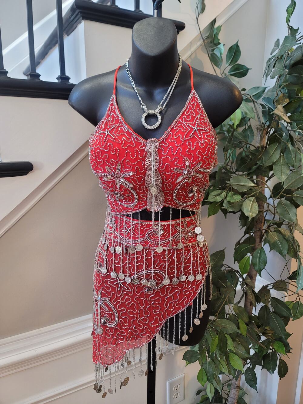 Custom Belly Dance Costume Large Red Halter Top Open Back Coin Skirt Padded Bra